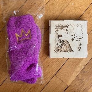 Fuzzy socks and hyena story shadow box